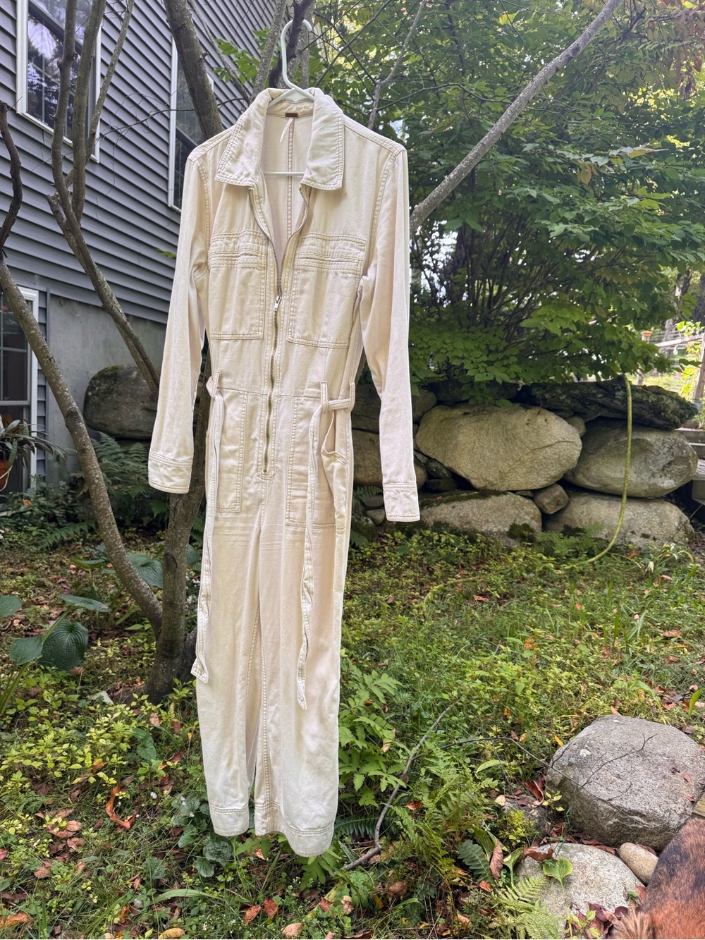 Free People Cream Long-Sleeve Zip Utility Jumpsuit